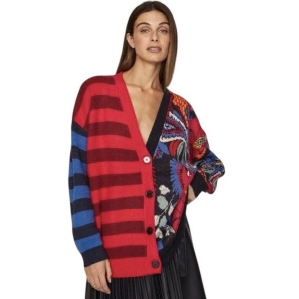 Farm Rio Vintage Forest Red Blue Stripe Mixed Oversized Cozy Cardigan Boho XS
